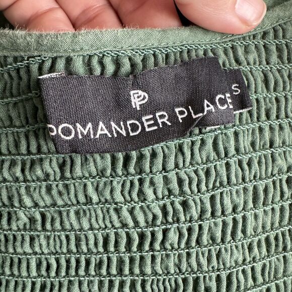 Pomander Place Ceci Mini Dress Size S Green Cotton Tiered Smocking V-Neck Lined - Picture 7 of 12